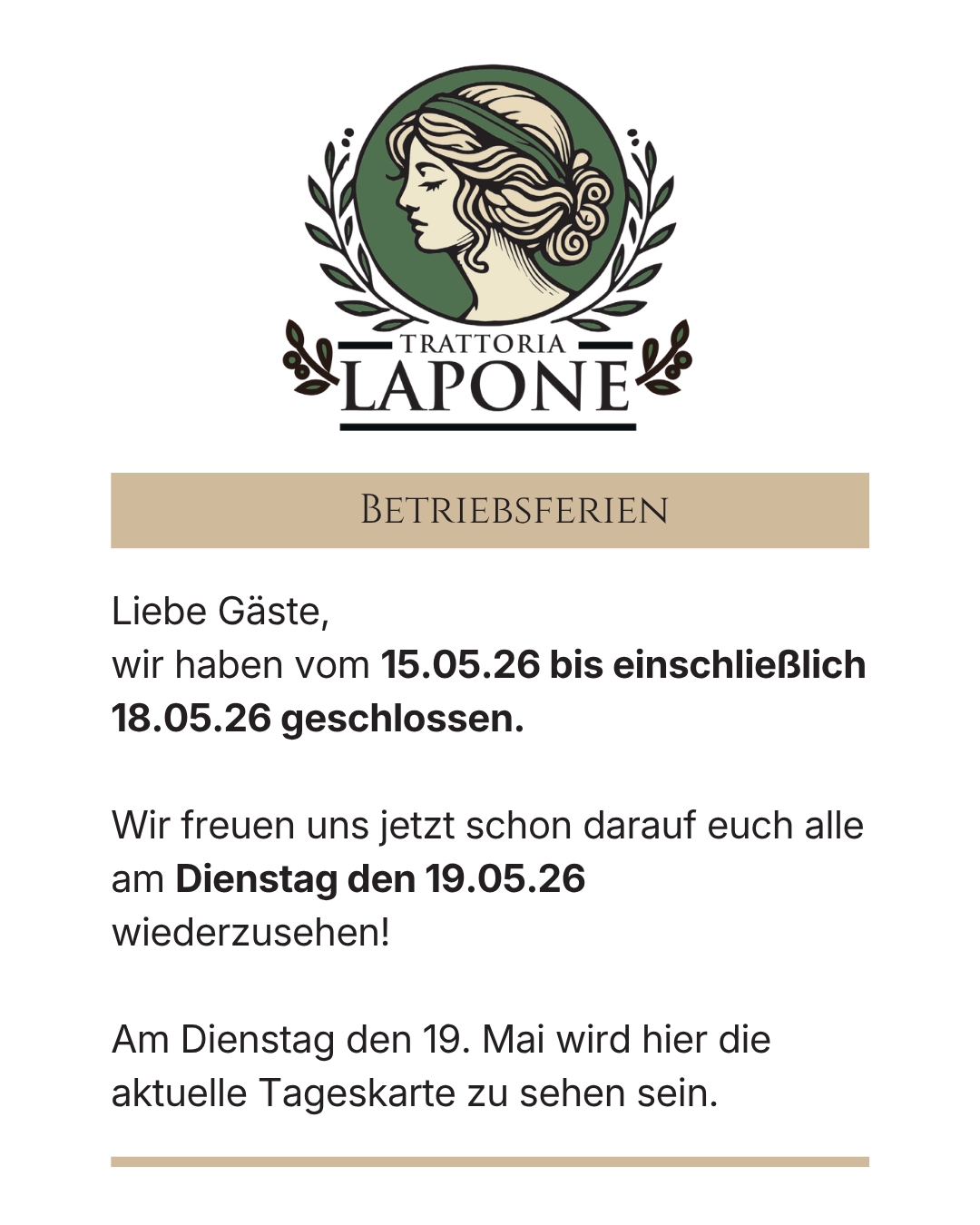 Betriebsferien 15 bis 18 Mai
